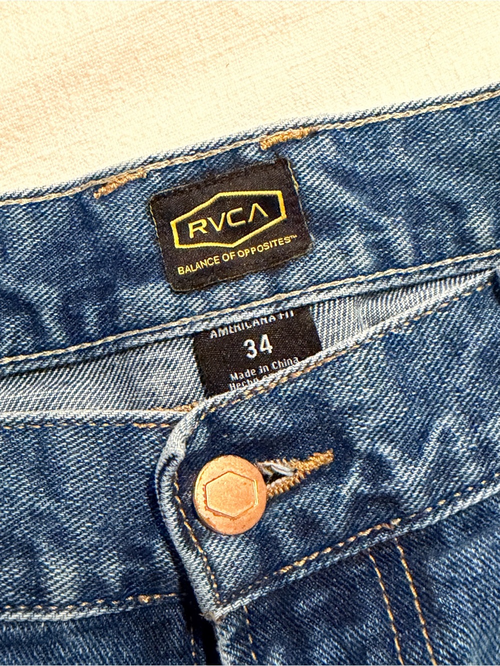 RVCA Men’s Dark Blue Denim Jeans with Copper Button